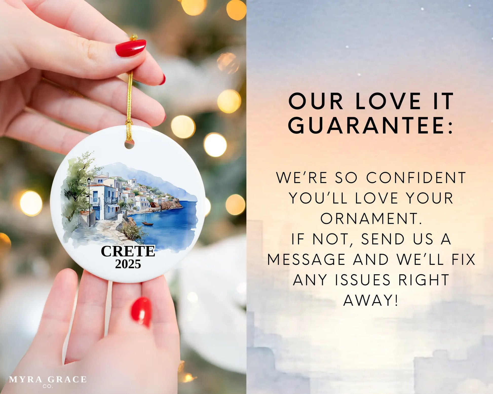 Custom Crete ceramic photo ornament with personalized message – handmade Christmas bauble, gift souvenir, or vacation keepsake.  Love it guarantee