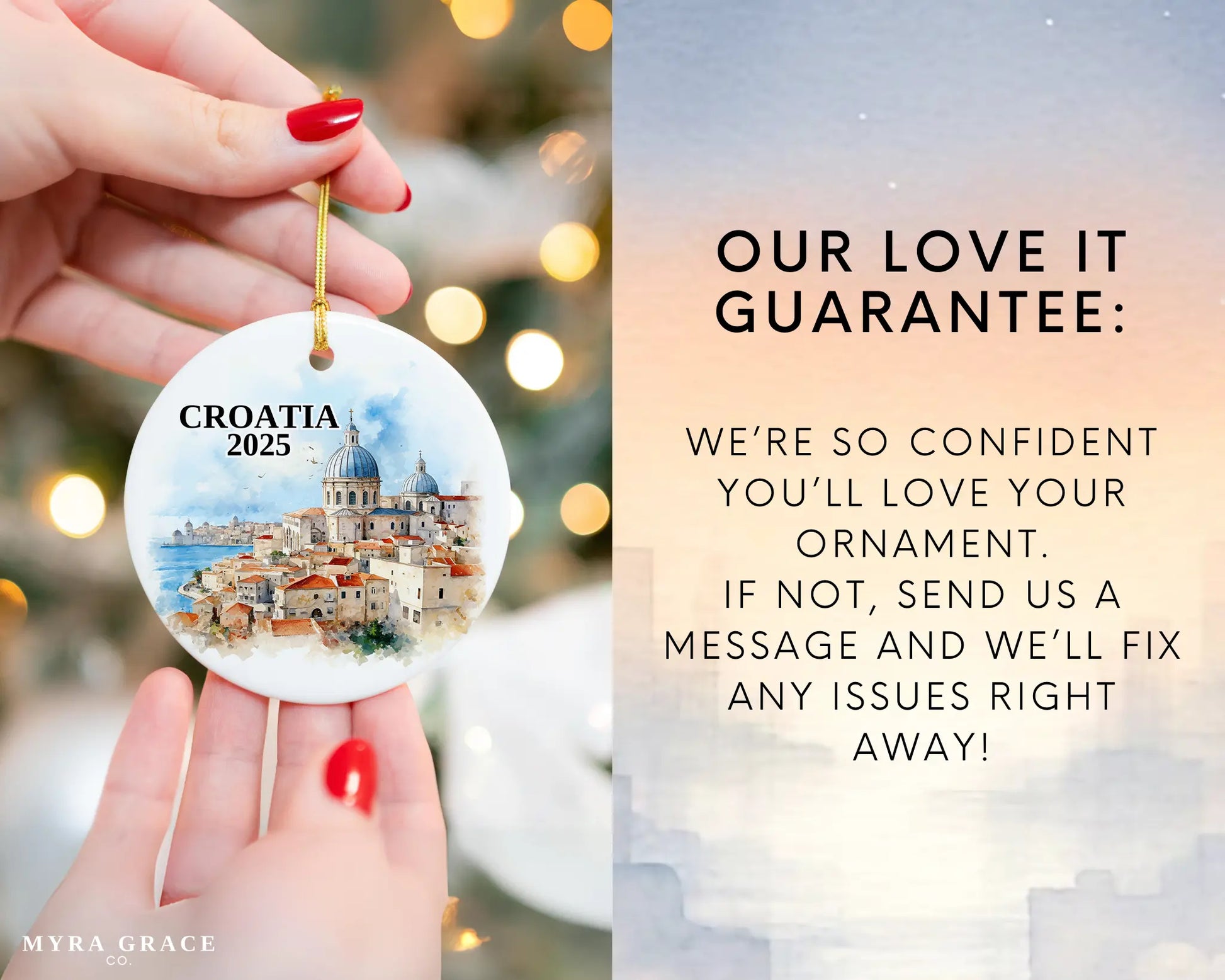 Custom Croatia ceramic photo ornament with personalized message – handmade Christmas bauble, gift souvenir, or vacation keepsake.  Love it guarantee