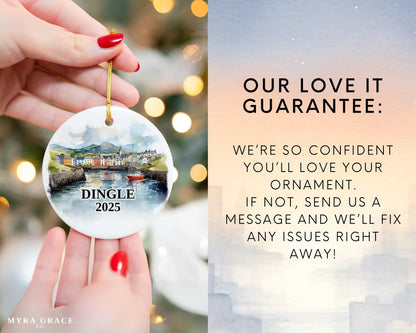 Custom Dingle Ireland ceramic photo ornament with personalized message – handmade Christmas bauble, gift souvenir, or vacation keepsake.  Love it guarantee