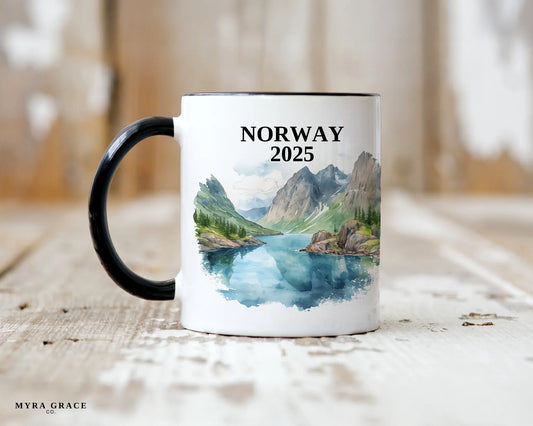 Custom ceramic Norway vacation mug with watercolor location design, date, and personal photo – personalized travel gift or photo mug. 