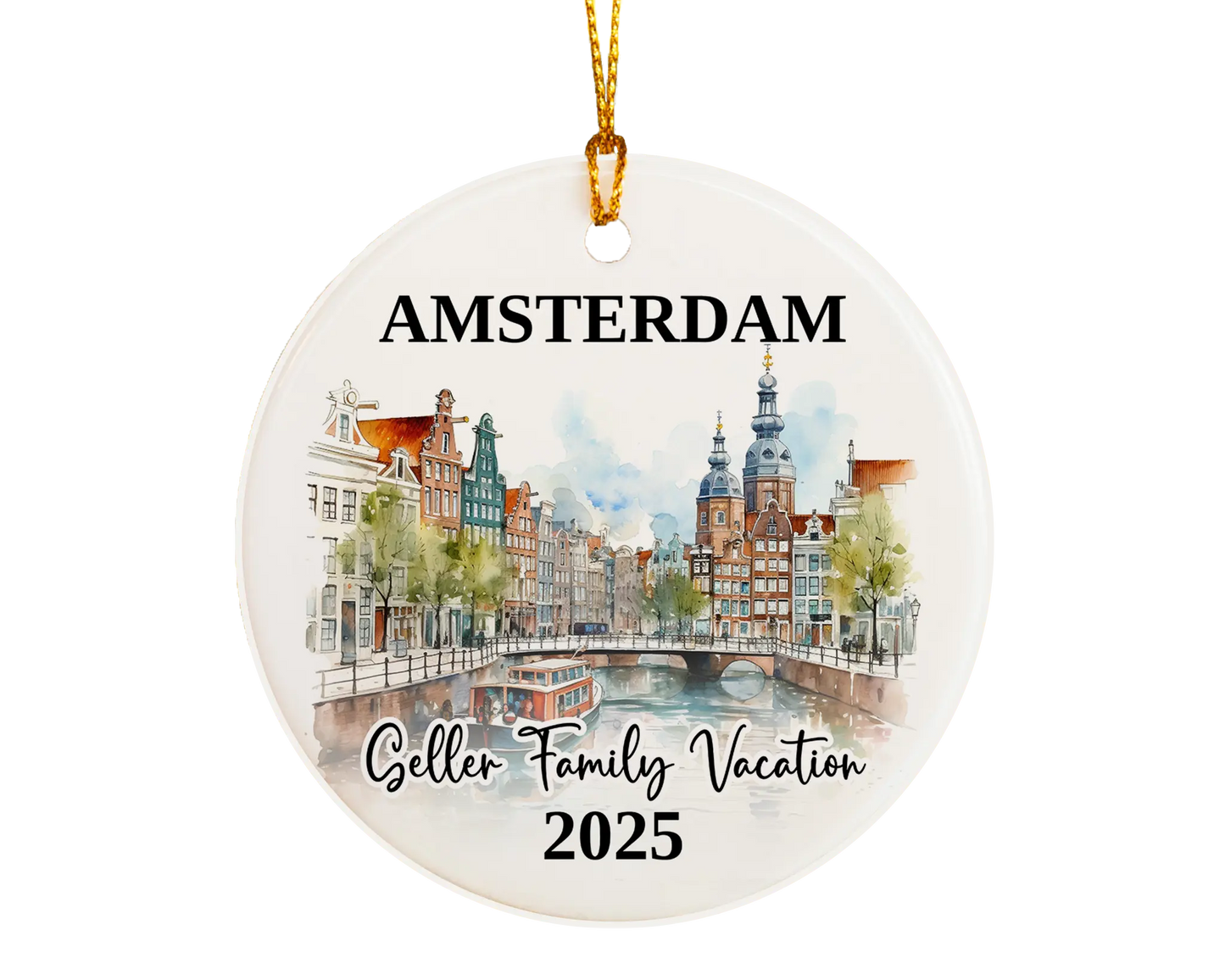Custom vacation Amsterdam ceramic photo ornament with personalized message – handmade Christmas bauble, gift souvenir, or vacation keepsake. 