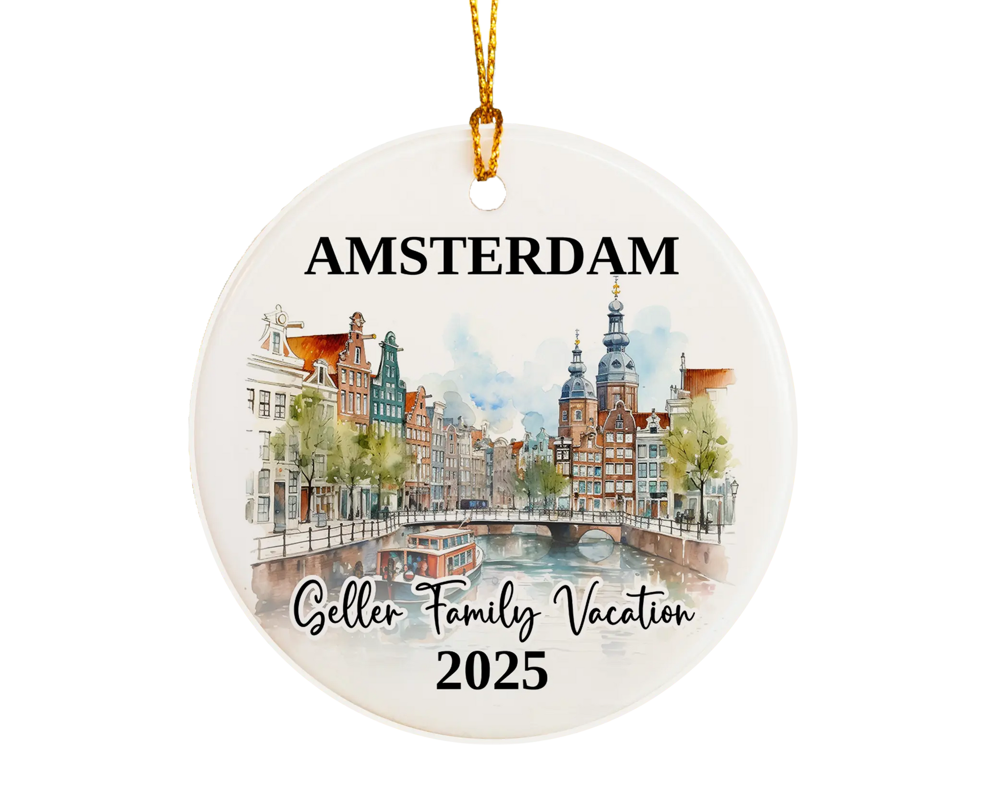 Custom vacation Amsterdam ceramic photo ornament with personalized message – handmade Christmas bauble, gift souvenir, or vacation keepsake. 