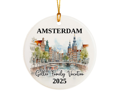 Custom vacation Amsterdam ceramic photo ornament with personalized message – handmade Christmas bauble, gift souvenir, or vacation keepsake. 