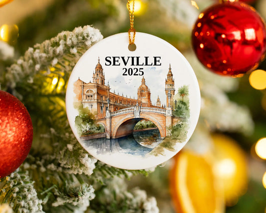 Seville Spain Ornament Custom Gift Souvenir Bauble. Custom Seville Spain ceramic photo ornament with personalized message – handmade Christmas bauble, gift souvenir, or vacation keepsake.  