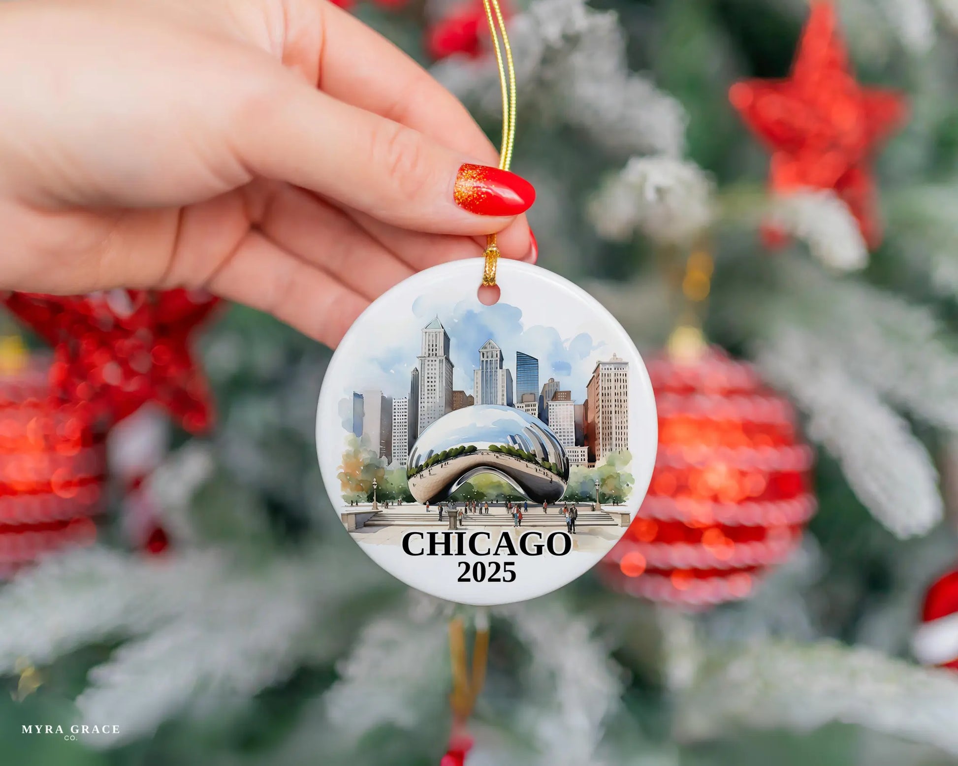 Custom Chicago ceramic photo ornament with personalized message – handmade Christmas bauble, gift souvenir, or vacation keepsake.  