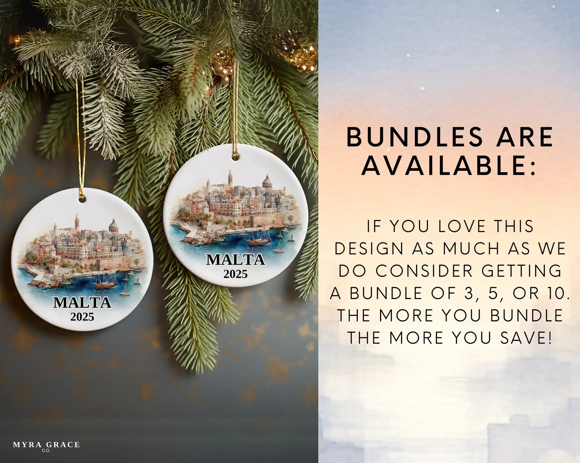 Malta Ornament Custom Gift Souvenir Bauble. Custom Malta ceramic photo ornament with personalized message – handmade Christmas bauble, gift souvenir, or vacation keepsake.  Bundles are available