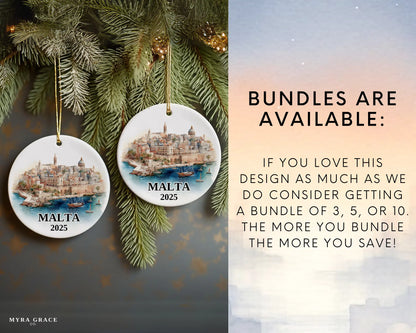 Malta Ornament Custom Gift Souvenir Bauble. Custom Malta ceramic photo ornament with personalized message – handmade Christmas bauble, gift souvenir, or vacation keepsake.  Bundles are available
