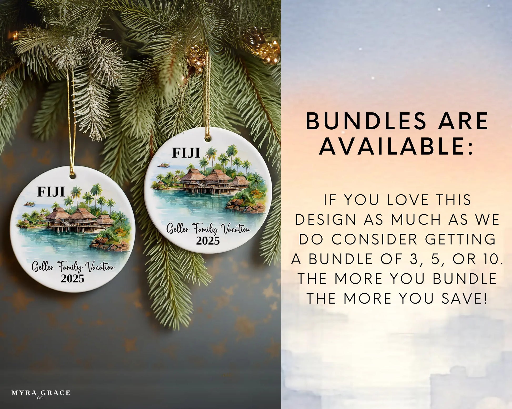 Custom vacation Fiji ceramic photo ornament with personalized message – handmade Christmas bauble, gift souvenir, or vacation keepsake. Bundles are available