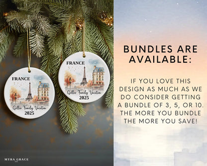 Custom vacation Paris France ceramic photo ornament with personalized message – handmade Christmas bauble, gift souvenir, or vacation keepsake. Bundles are available