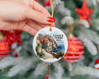 Custom Cinque Terre Italy ceramic photo ornament with personalized message – handmade Christmas bauble, gift souvenir, or vacation keepsake.  