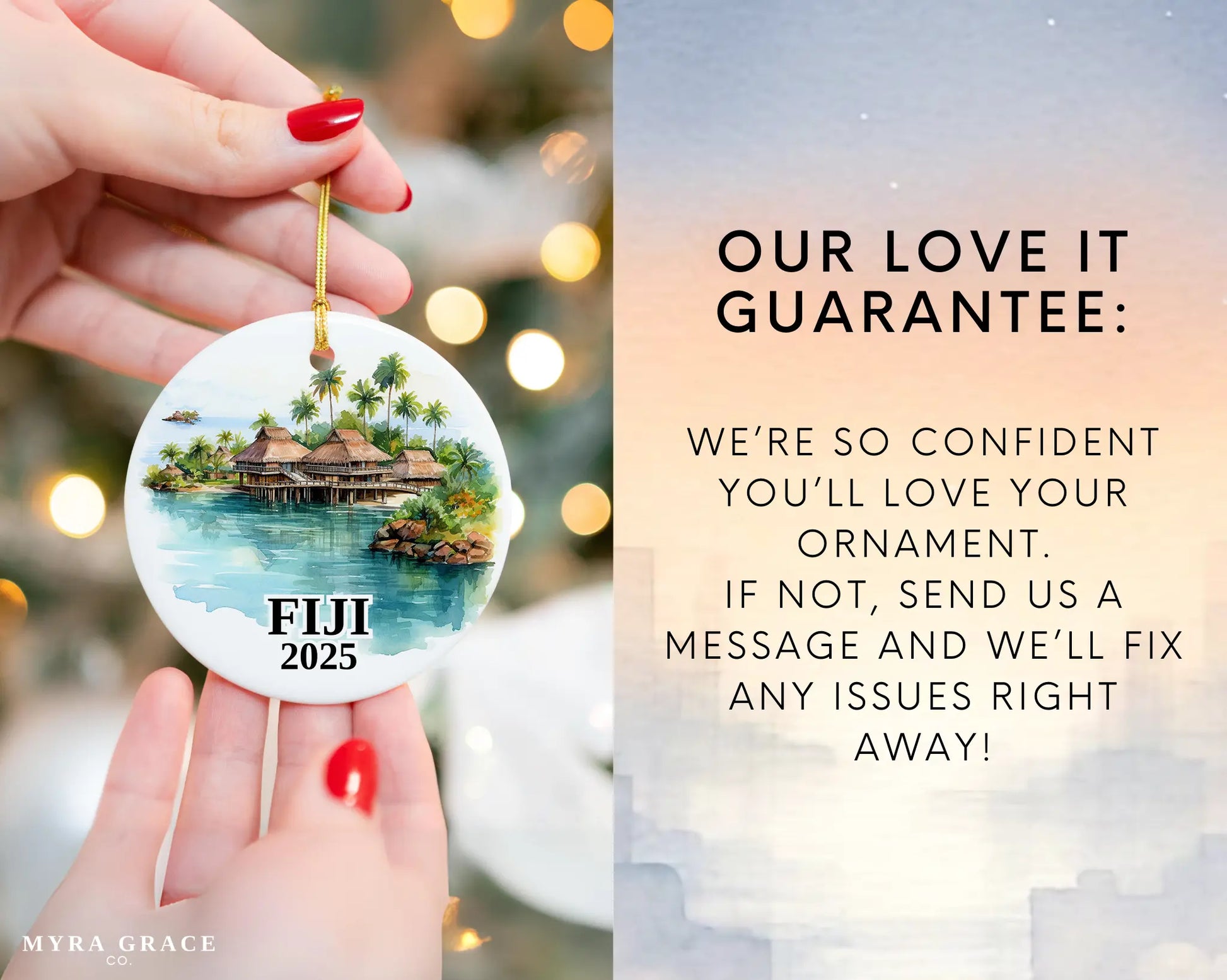 Custom Fiji ceramic photo ornament with personalized message – handmade Christmas bauble, gift souvenir, or vacation keepsake.  Love it guarantee