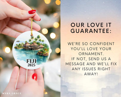 Custom Fiji ceramic photo ornament with personalized message – handmade Christmas bauble, gift souvenir, or vacation keepsake.  Love it guarantee