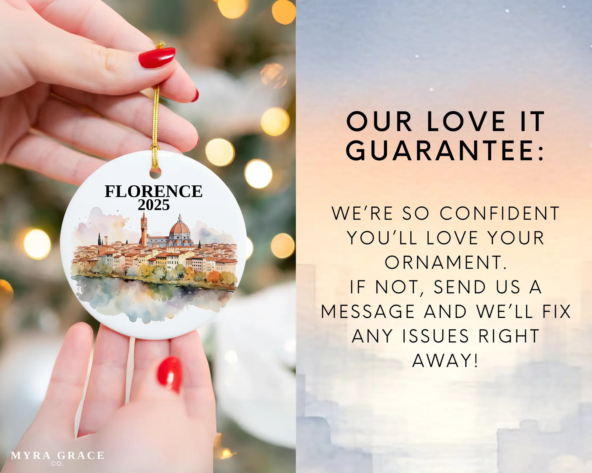 Custom Florence Italy ceramic photo ornament with personalized message – handmade Christmas bauble, gift souvenir, or vacation keepsake.  love it guarantee