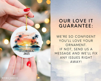 Custom Florida ceramic photo ornament with personalized message – handmade Christmas bauble, gift souvenir, or vacation keepsake.  Love it guarantee