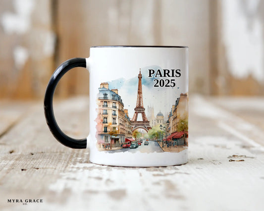 Custom ceramic Paris France vacation mug with watercolor location design, date, and personal photo – personalized travel gift or photo mug. 