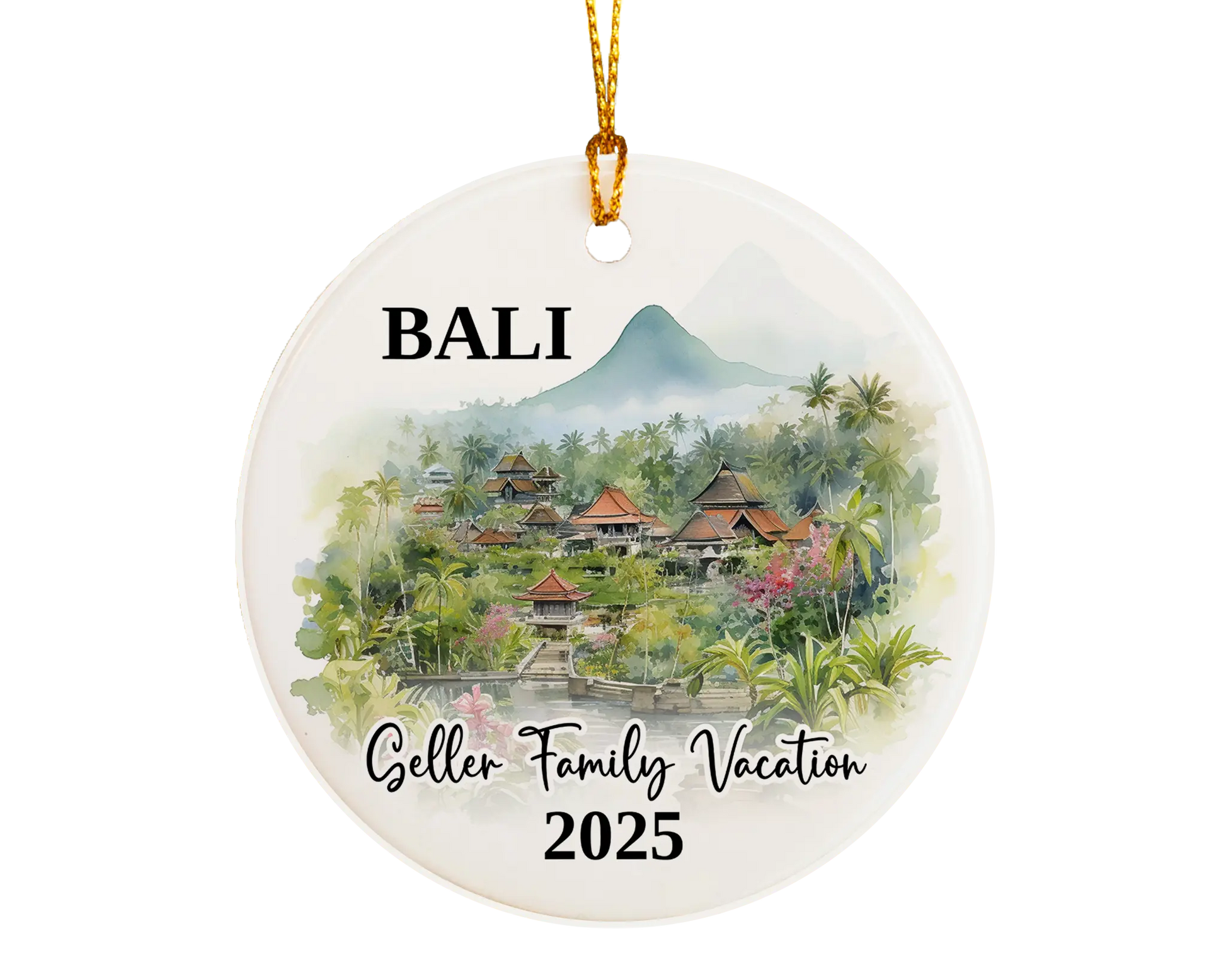 Custom vacation Bali Indonesia ceramic photo ornament with personalized message – handmade Christmas bauble, gift souvenir, or vacation keepsake. 