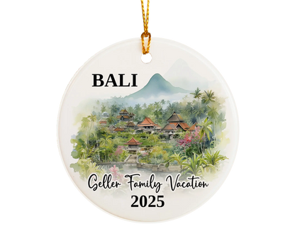 Custom vacation Bali Indonesia ceramic photo ornament with personalized message – handmade Christmas bauble, gift souvenir, or vacation keepsake. 