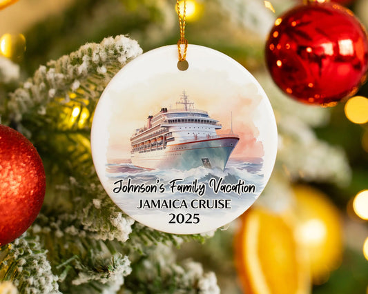 Handmade ceramic Jamaica cruise ornament with personalized location and photo – custom Christmas bauble or cruise vacation souvenir.