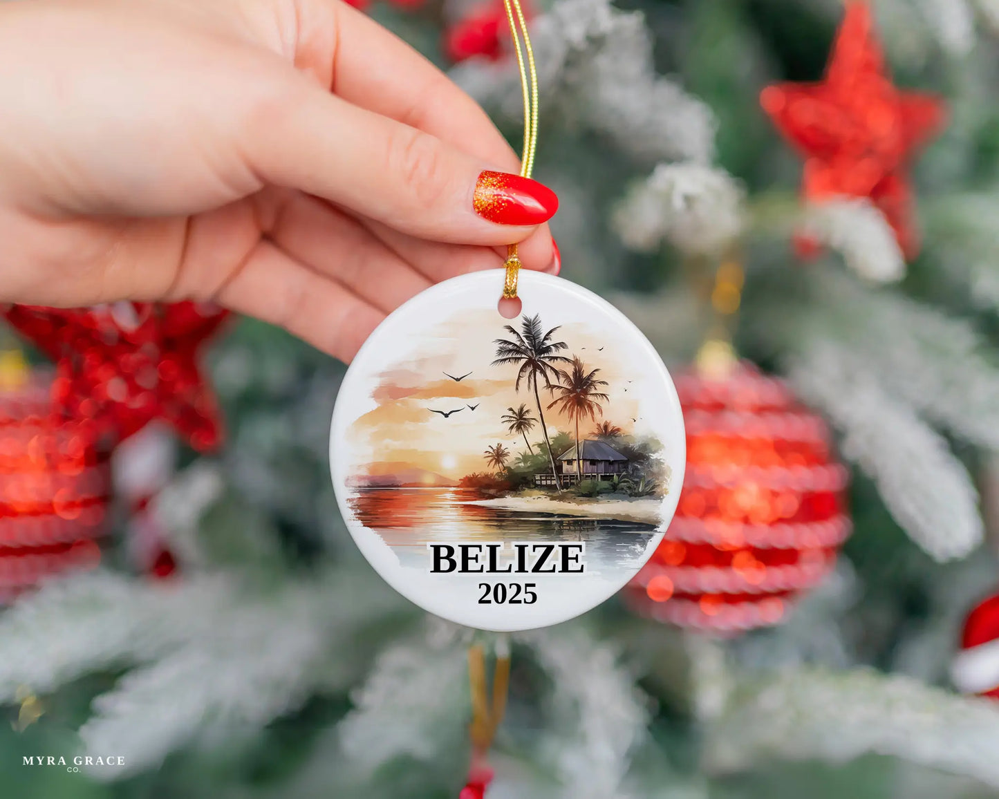Custom Belize ceramic photo ornament with personalized message – handmade Christmas bauble, gift souvenir, or vacation keepsake.  