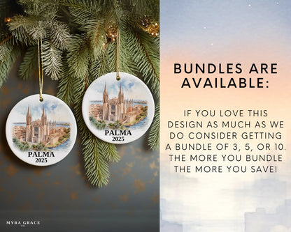 Palma Spain Ornament Custom Gift Souvenir Bauble. Custom Palma Spain ceramic photo ornament with personalized message – handmade Christmas bauble, gift souvenir, or vacation keepsake.  Bundles are available
