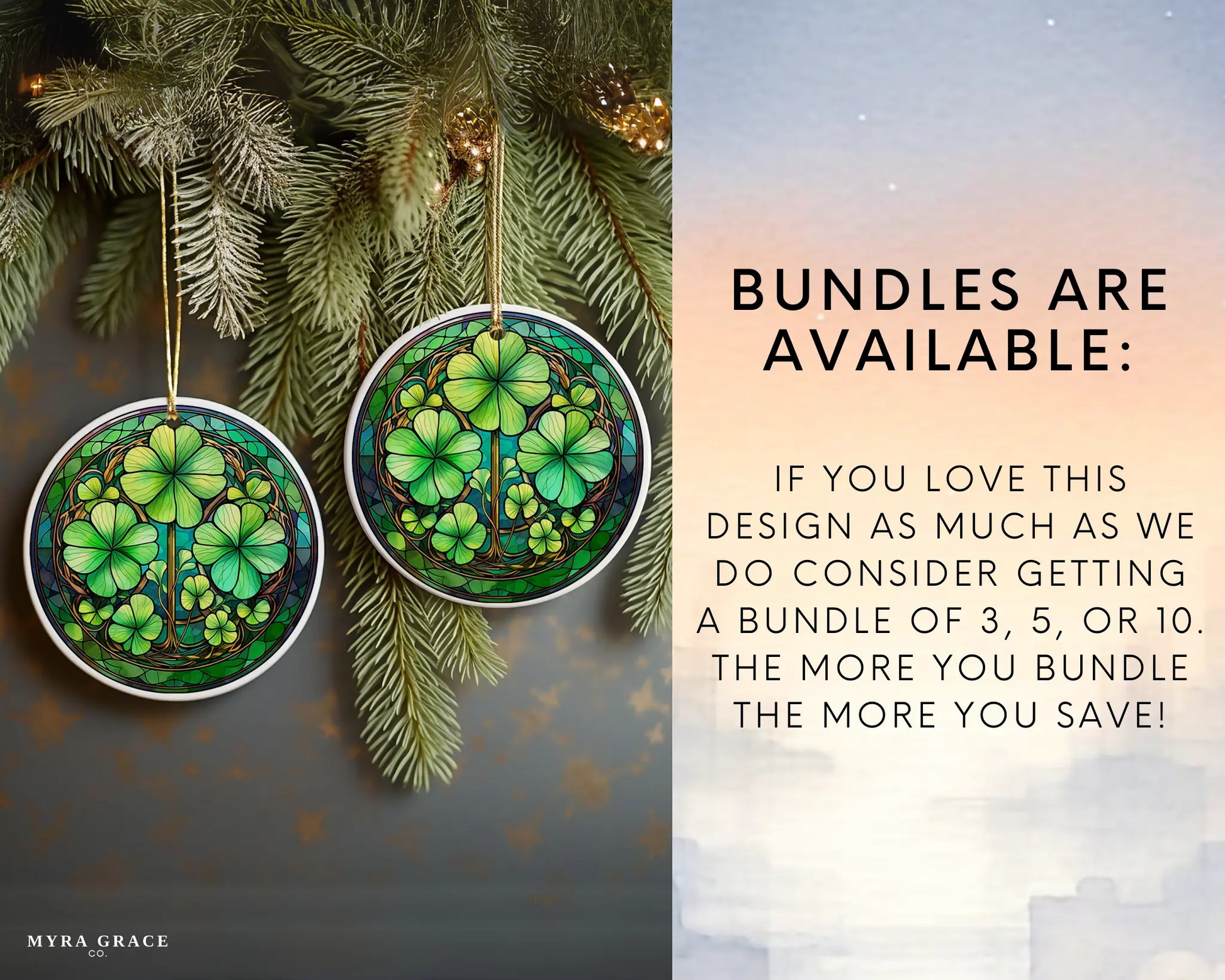 Ceramic ornament with shamrocks and clovers – non-customizable lucky charm gift or seasonal keepsake. Bundles are available