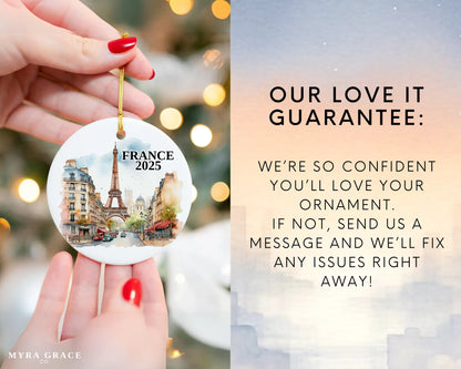 Custom France, Paris in Summer, ceramic photo ornament with personalized message – handmade Christmas bauble, gift souvenir, or vacation keepsake.  love it guarantee