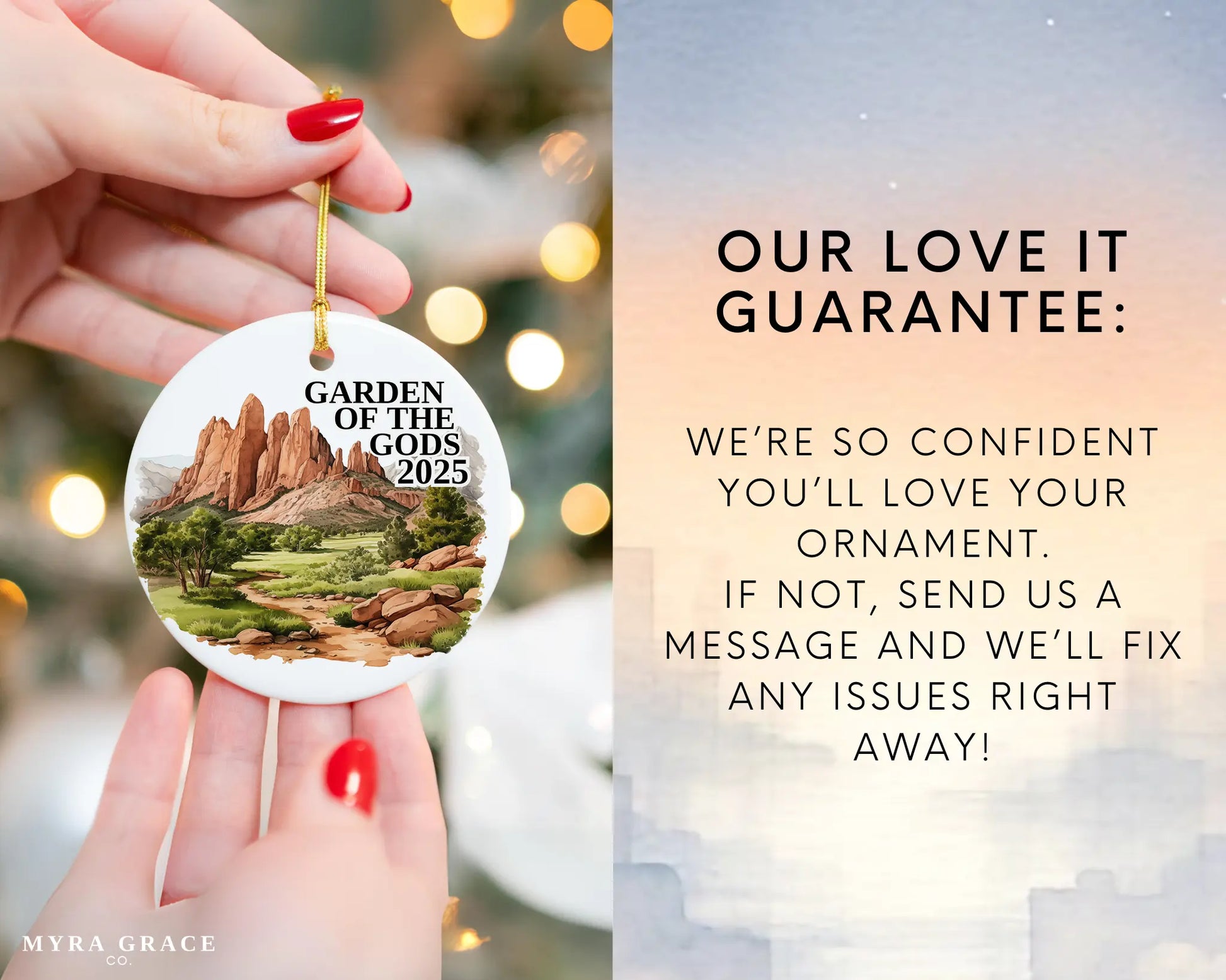 Custom Garden of the Gods Colorado Springs ceramic photo ornament with personalized message – handmade Christmas bauble, gift souvenir, or vacation keepsake.  love it guarantee