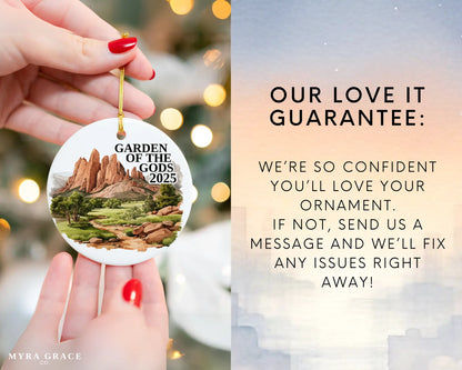 Custom Garden of the Gods Colorado Springs ceramic photo ornament with personalized message – handmade Christmas bauble, gift souvenir, or vacation keepsake.  love it guarantee