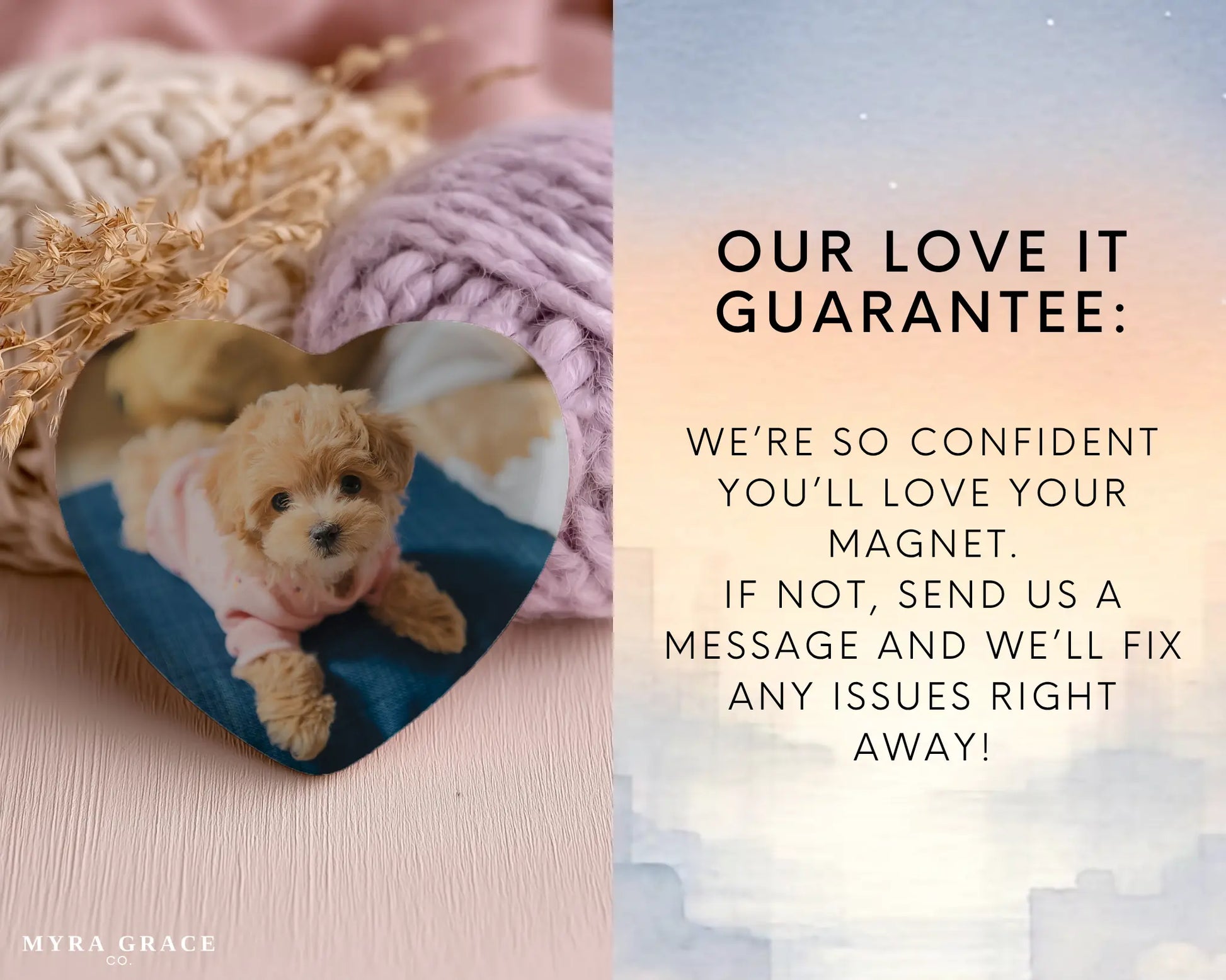 Heart-shaped custom puppy ceramic photo magnet on fridge – handmade personalized gift or Christmas fridge magnet. Love it guarantee