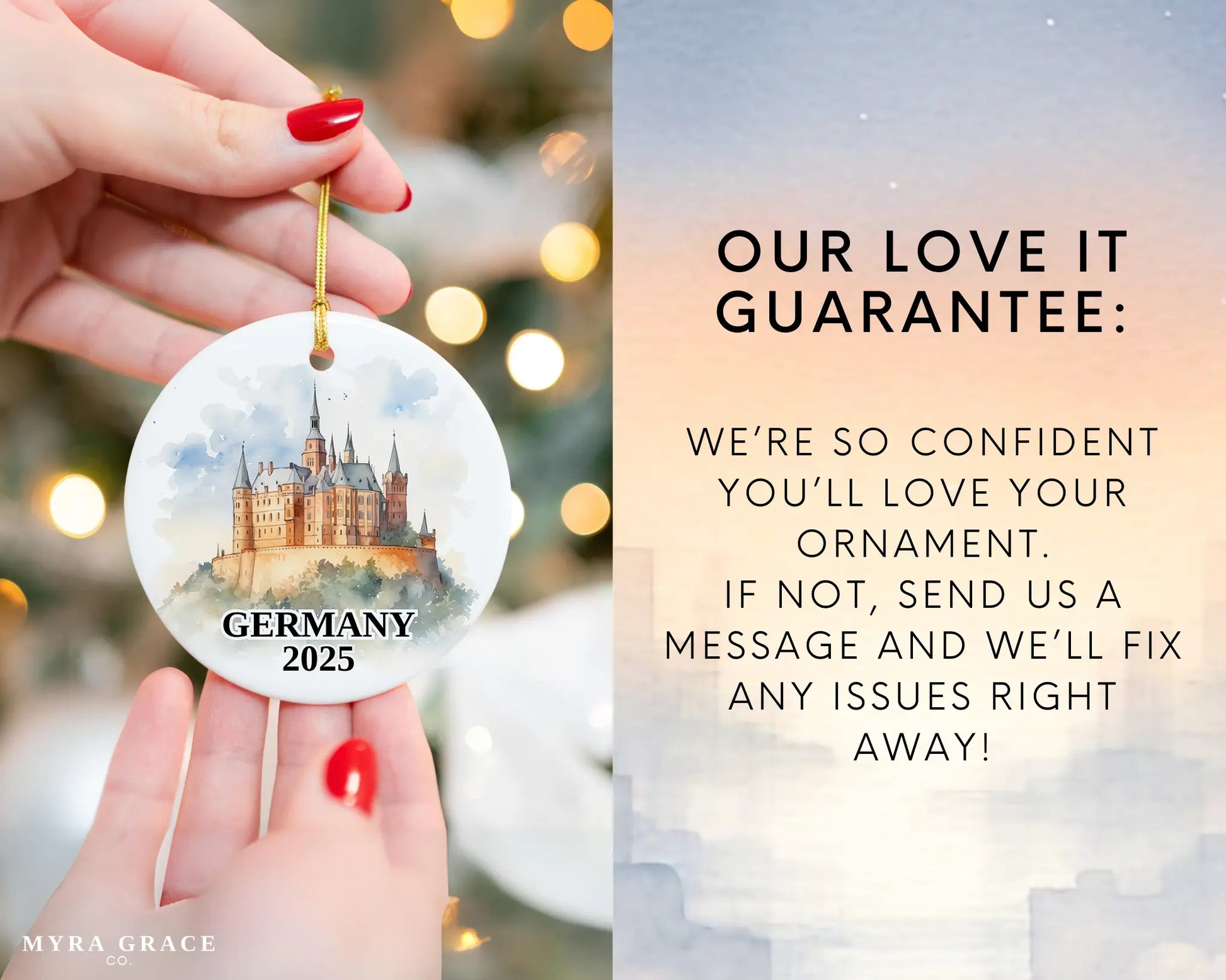 Custom Germany ceramic photo ornament with personalized message – handmade Christmas bauble, gift souvenir, or vacation keepsake.  love it guarantee