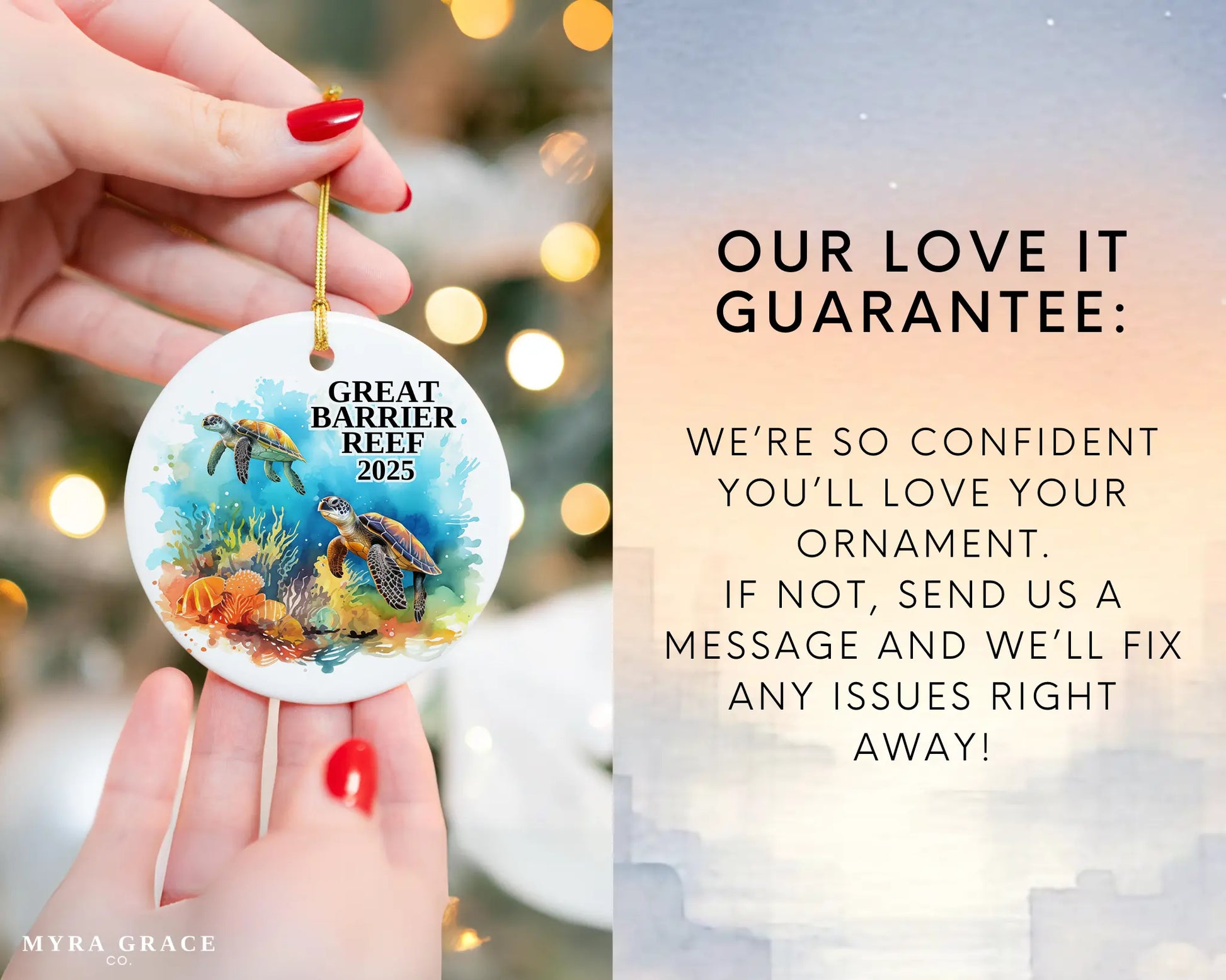 Custom Great Barrier Reef ceramic photo ornament with personalized message – handmade Christmas bauble, gift souvenir, or vacation keepsake.  love it guarantee