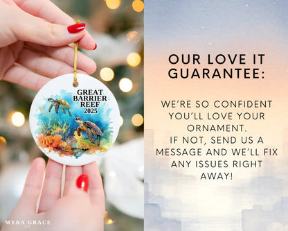 Custom Great Barrier Reef ceramic photo ornament with personalized message – handmade Christmas bauble, gift souvenir, or vacation keepsake.  love it guarantee