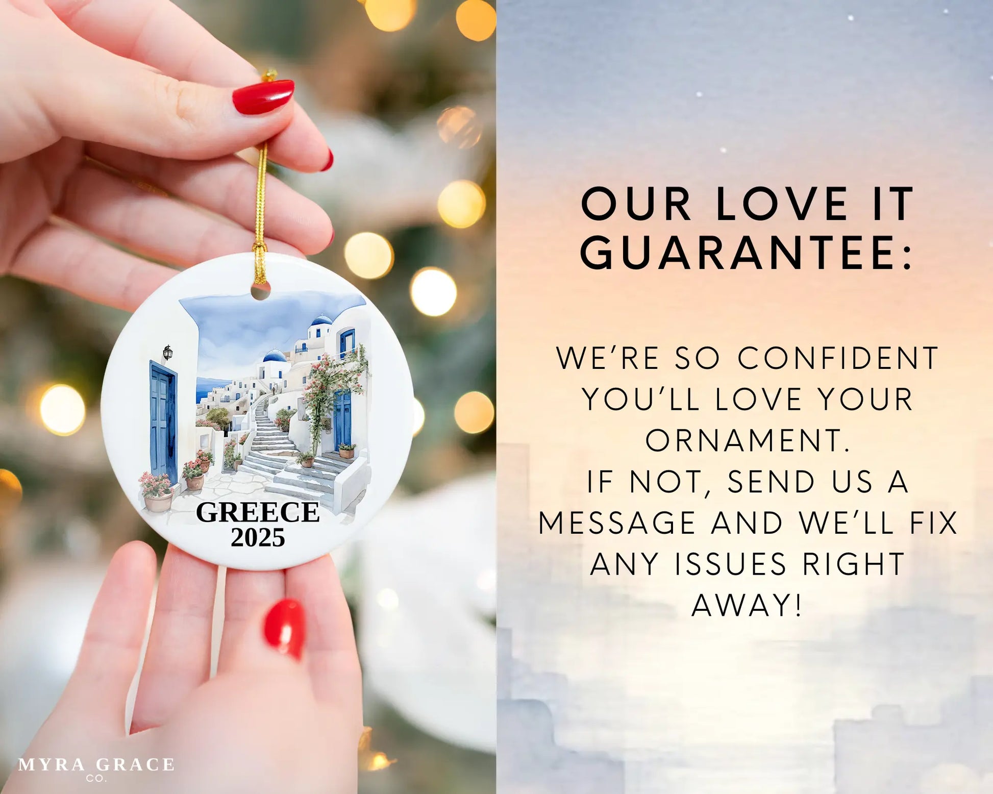 Custom Santorini Greece ceramic photo ornament with personalized message – handmade Christmas bauble, gift souvenir, or vacation keepsake.  love it guarantee