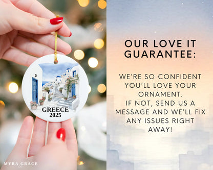Custom Santorini Greece ceramic photo ornament with personalized message – handmade Christmas bauble, gift souvenir, or vacation keepsake.  love it guarantee