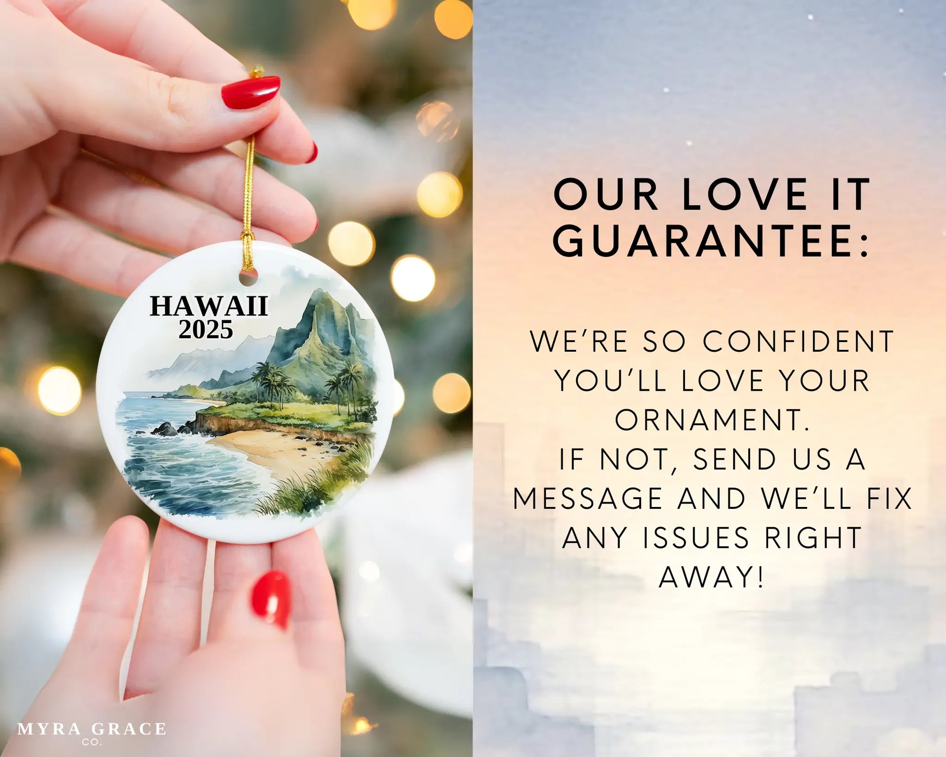 Custom Kauai Hawaii ceramic photo ornament with personalized message – handmade Christmas bauble, gift souvenir, or vacation keepsake.  Love it guarantee