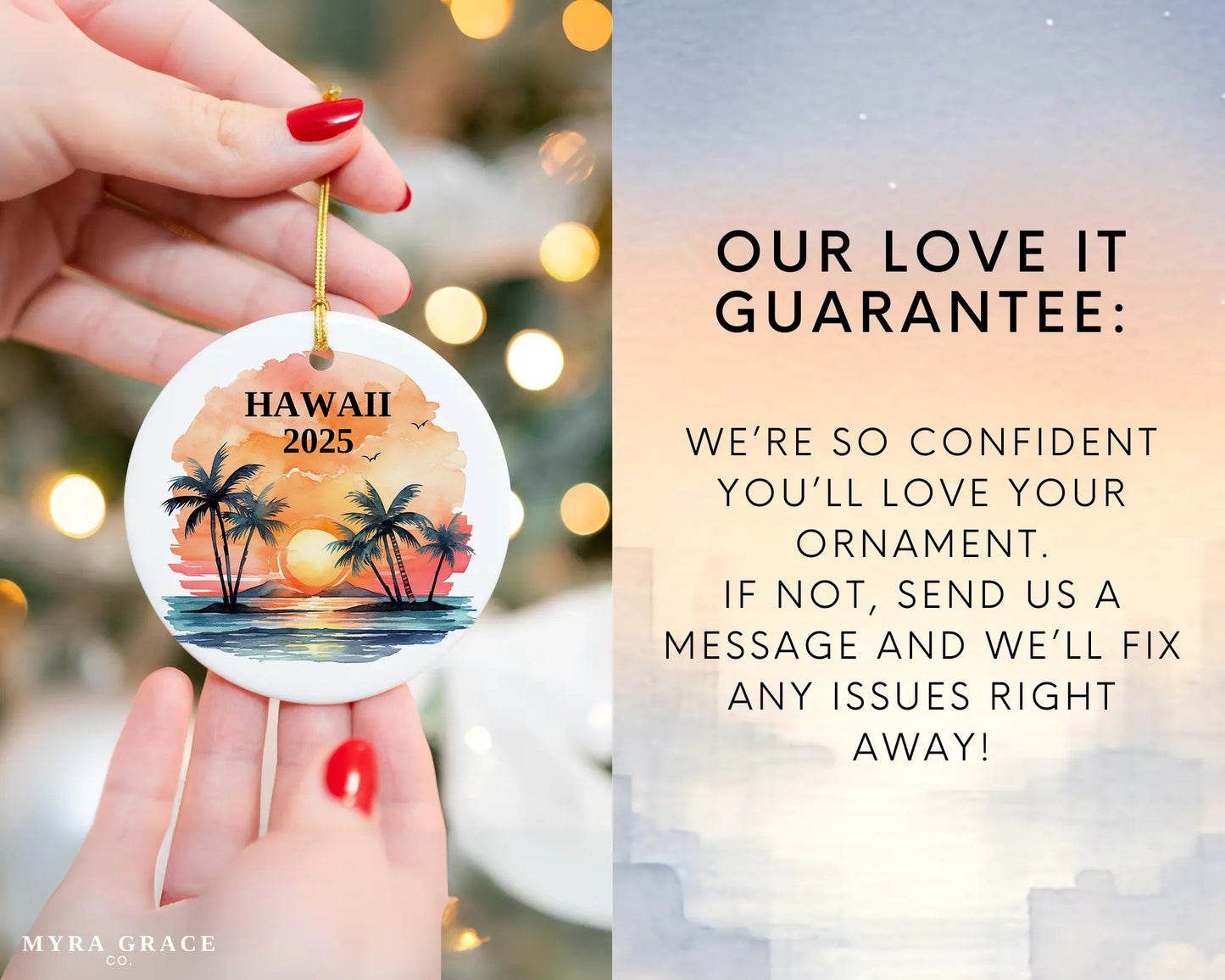 Custom Hawaii ceramic photo ornament with personalized message – handmade Christmas bauble, gift souvenir, or vacation keepsake.  Love it guarantee