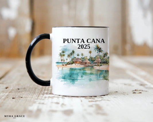 Custom ceramic Punta Cana vacation mug with watercolor location design, date, and personal photo – personalized travel gift or photo mug. 