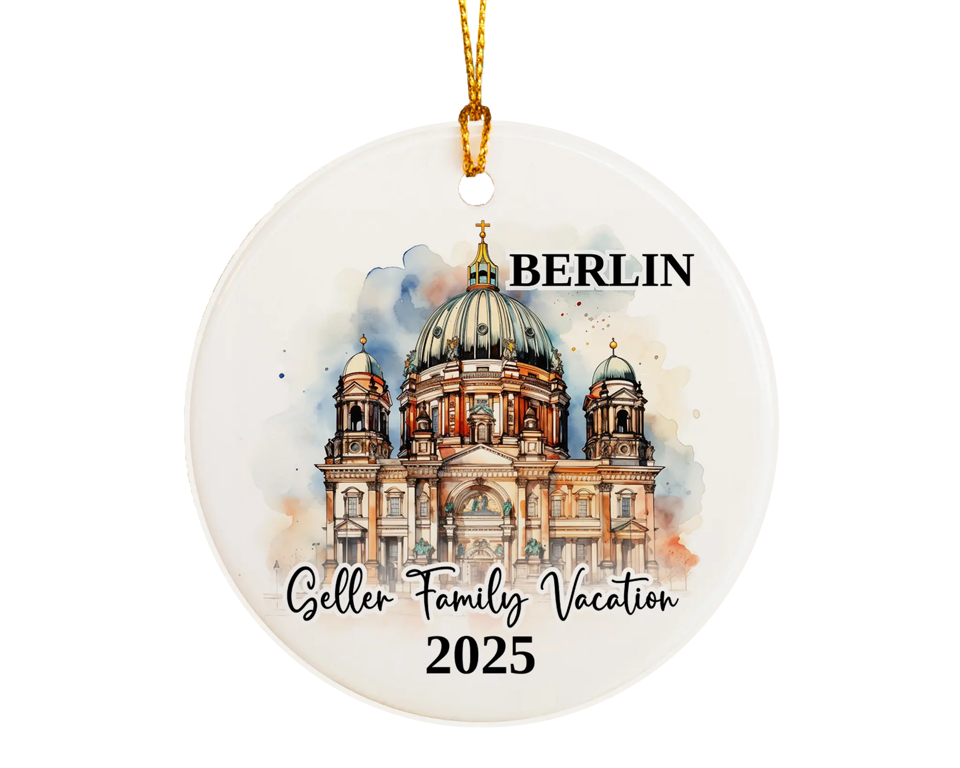 Custom vacation Berlin Germany ceramic photo ornament with personalized message – handmade Christmas bauble, gift souvenir, or vacation keepsake. 