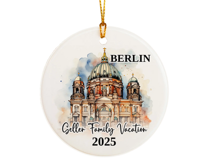 Custom vacation Berlin Germany ceramic photo ornament with personalized message – handmade Christmas bauble, gift souvenir, or vacation keepsake. 