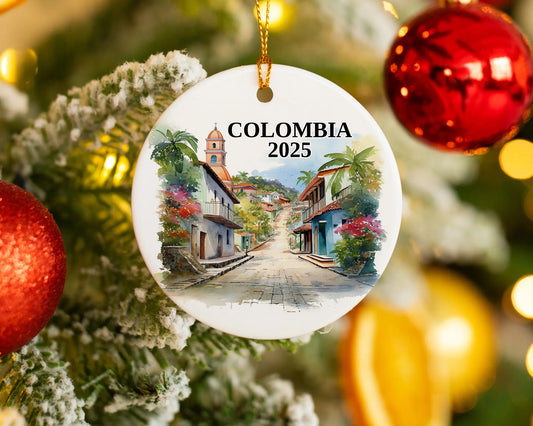 Custom Colombia ceramic photo ornament with personalized message – handmade Christmas bauble, gift souvenir, or vacation keepsake.  