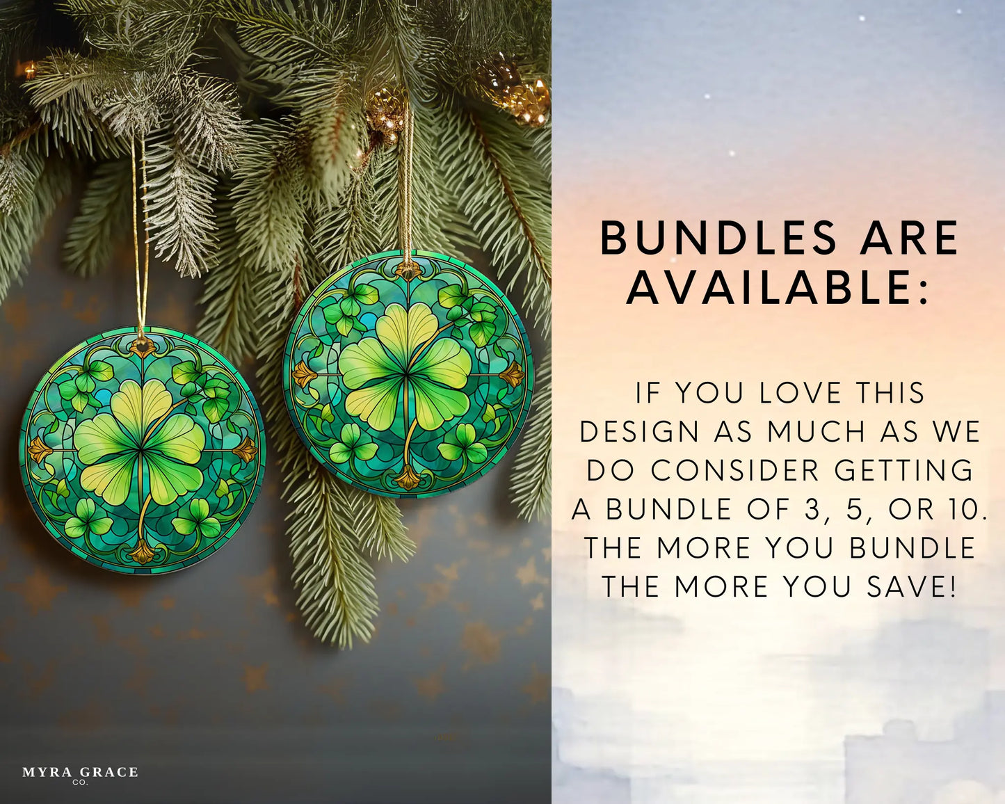 Ceramic ornament with shamrocks and clovers – non-customizable lucky charm gift or seasonal keepsake. Bundles are available