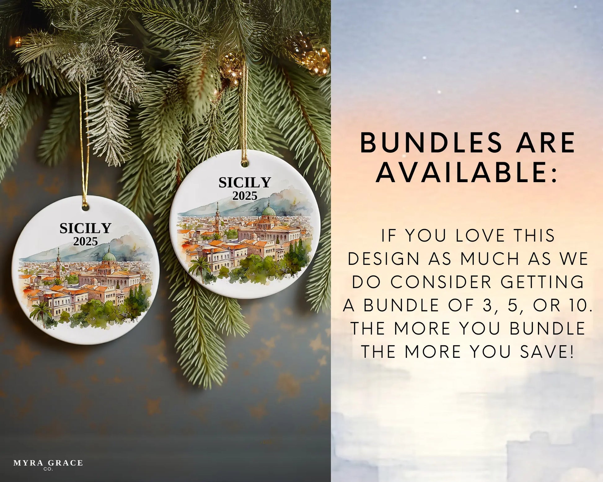 Sicily Italy Ornament Custom Gift Souvenir Bauble. Custom Sicily Italy ceramic photo ornament with personalized message – handmade Christmas bauble, gift souvenir, or vacation keepsake.  Bundles are available