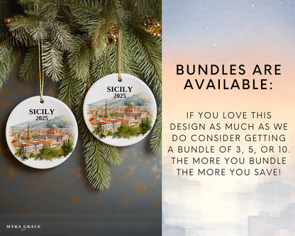 Sicily Italy Ornament Custom Gift Souvenir Bauble. Custom Sicily Italy ceramic photo ornament with personalized message – handmade Christmas bauble, gift souvenir, or vacation keepsake.  Bundles are available