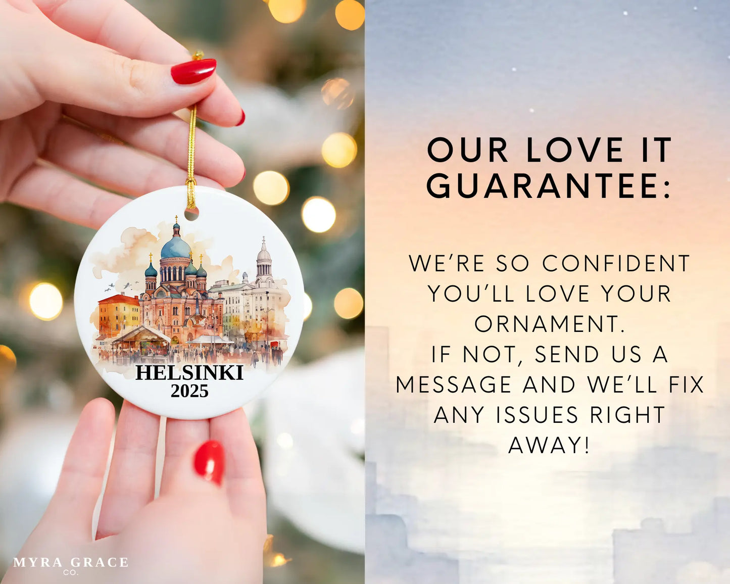 Custom Helsinki Finland ceramic photo ornament with personalized message – handmade Christmas bauble, gift souvenir, or vacation keepsake.  love it guarantee