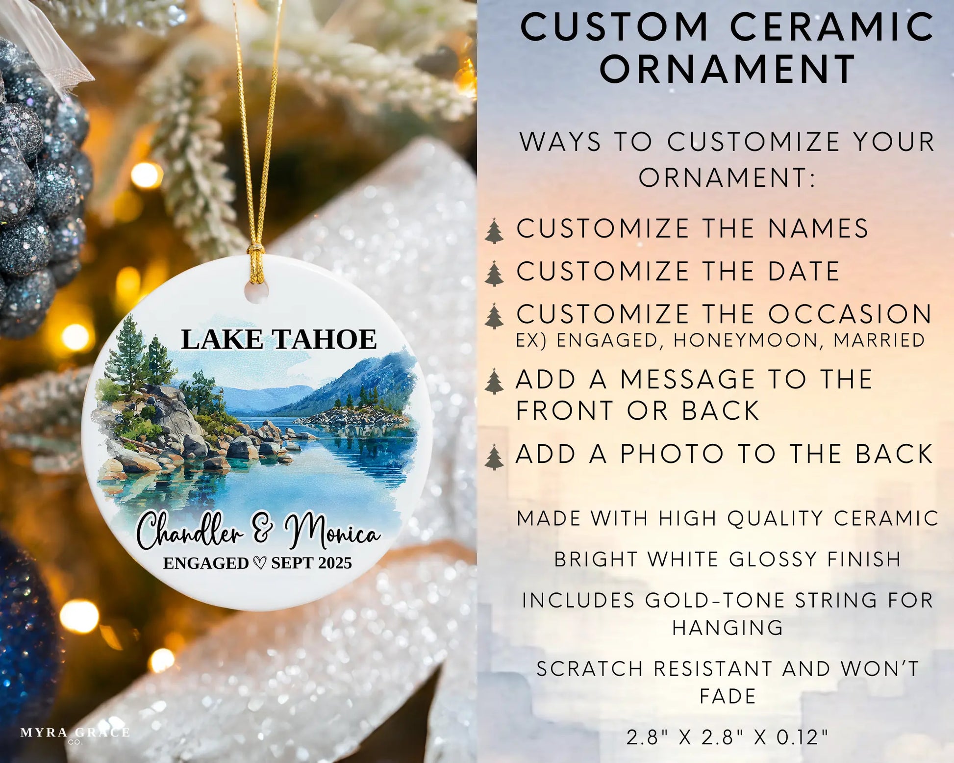 Lake Tahoe Engagement Ornament Custom Gift Souvenir Bauble Present. Infographic