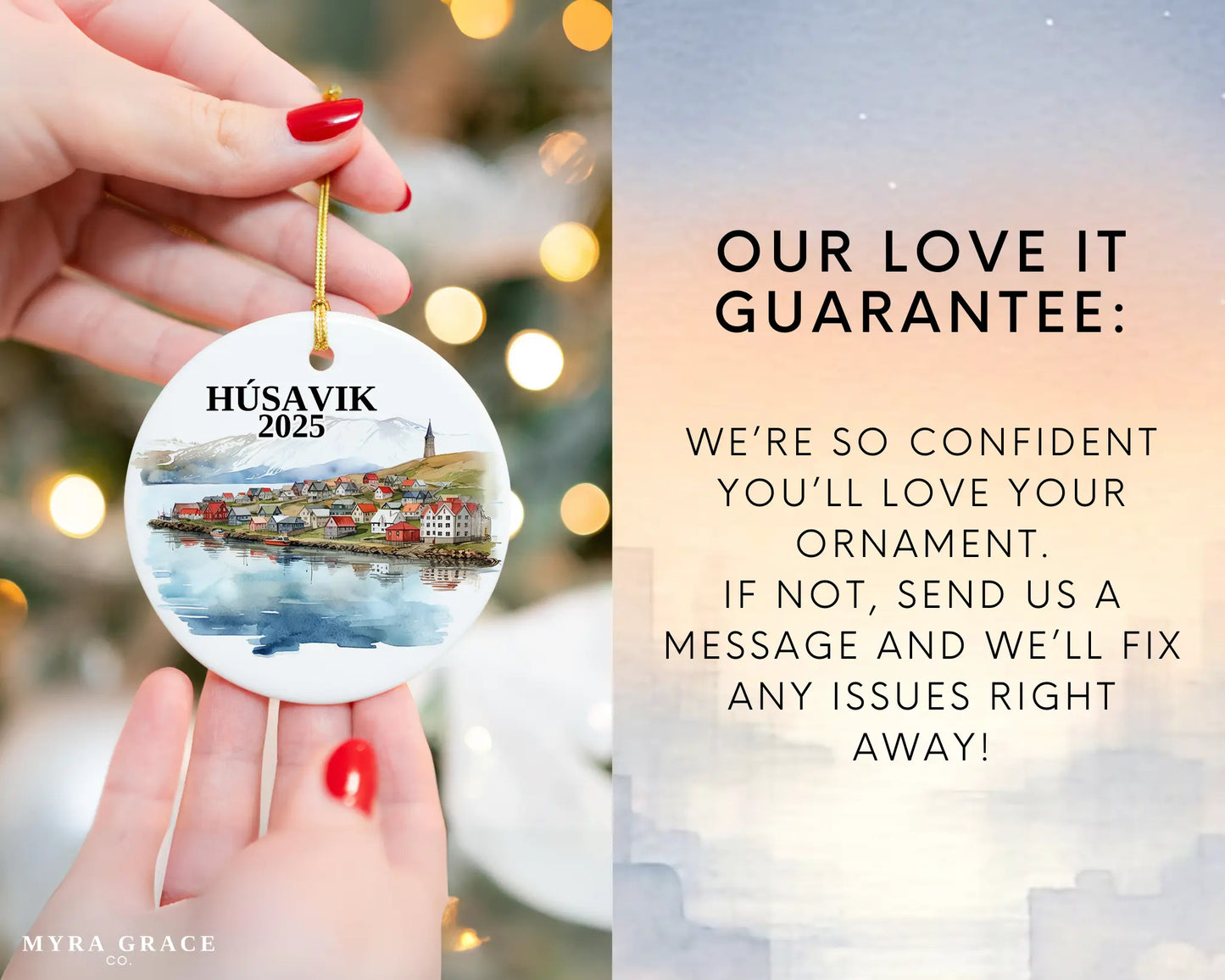 Custom Husavik Iceland ceramic photo ornament with personalized message – handmade Christmas bauble, gift souvenir, or vacation keepsake.  love it guarantee