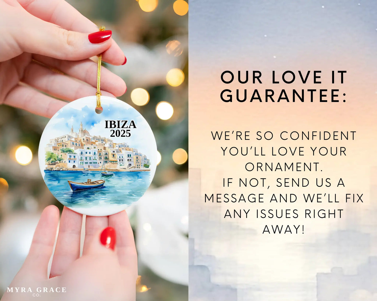 Custom Ibiza Spain ceramic photo ornament with personalized message – handmade Christmas bauble, gift souvenir, or vacation keepsake.  Love it guarantee
