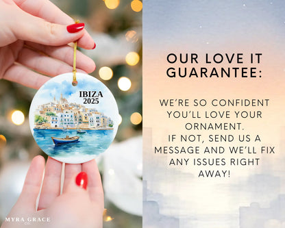 Custom Ibiza Spain ceramic photo ornament with personalized message – handmade Christmas bauble, gift souvenir, or vacation keepsake.  Love it guarantee