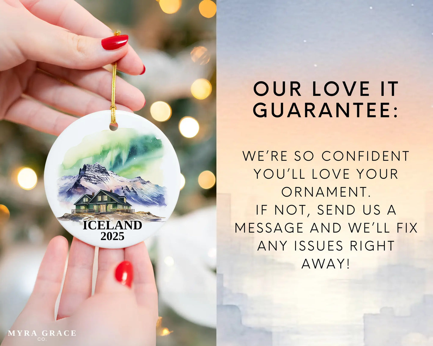 Custom Iceland ceramic photo ornament with personalized message – handmade Christmas bauble, gift souvenir, or vacation keepsake.  Love it guarantee