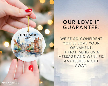 Custom Ireland ceramic photo ornament with personalized message – handmade Christmas bauble, gift souvenir, or vacation keepsake.  Love it guarantee